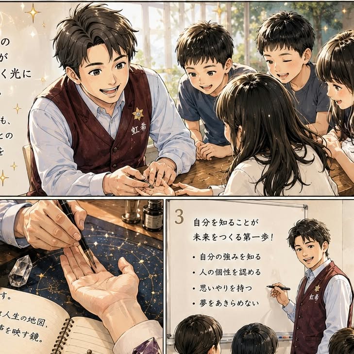 虹希さんの手相の学びを描いたイラスト
