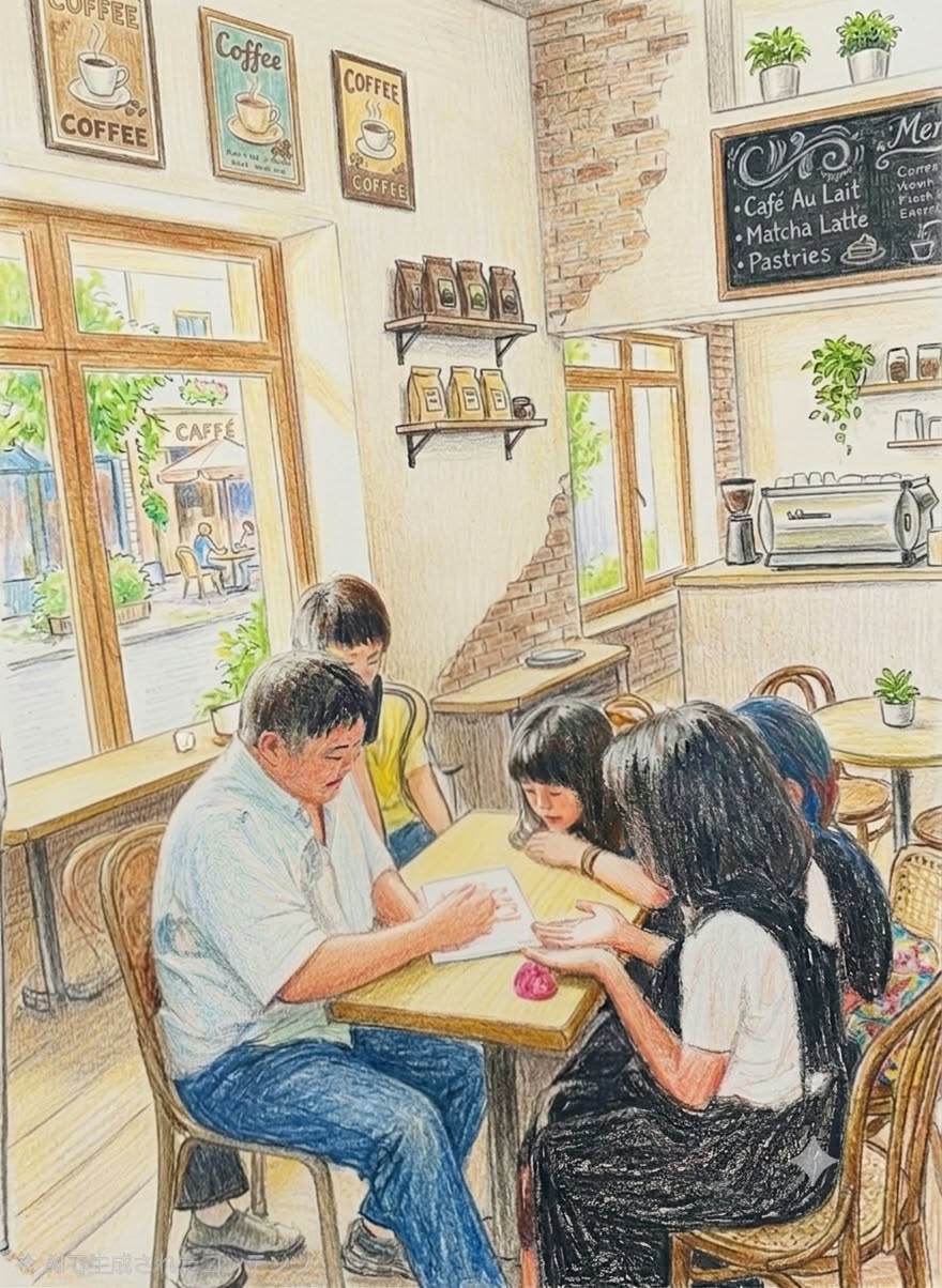 カフェで手相を伝える様子を描いたイラスト